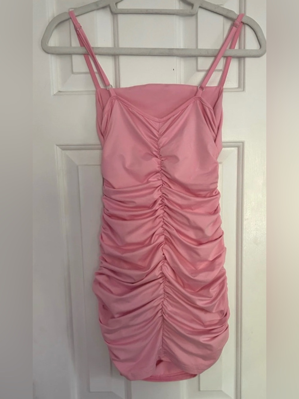 Ruched Pink Spaghetti-Strap Mini Dress